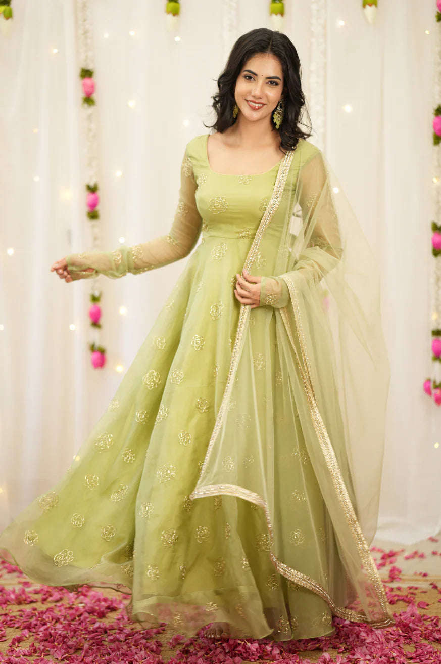 Cocktail Wear Pastel Green Anarkali Gown | Ethnic Dress For Women