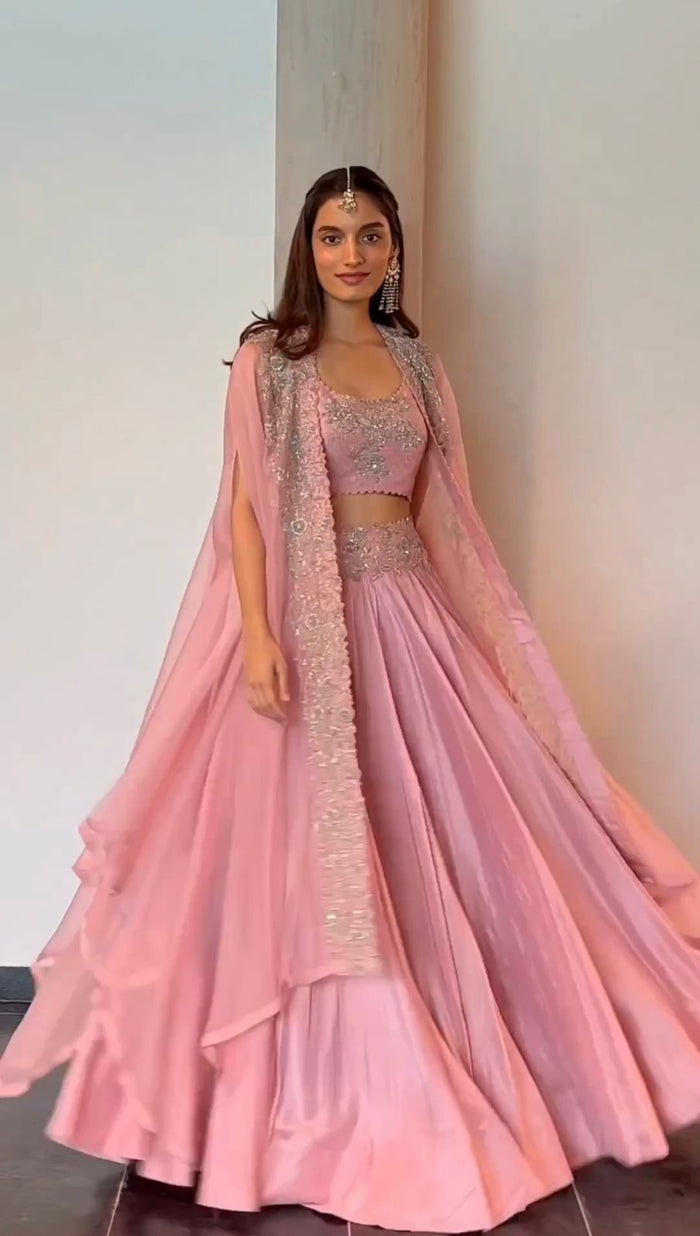 Blush Pink Chinon Lehenga Choli with Embroidered Organza Shrug