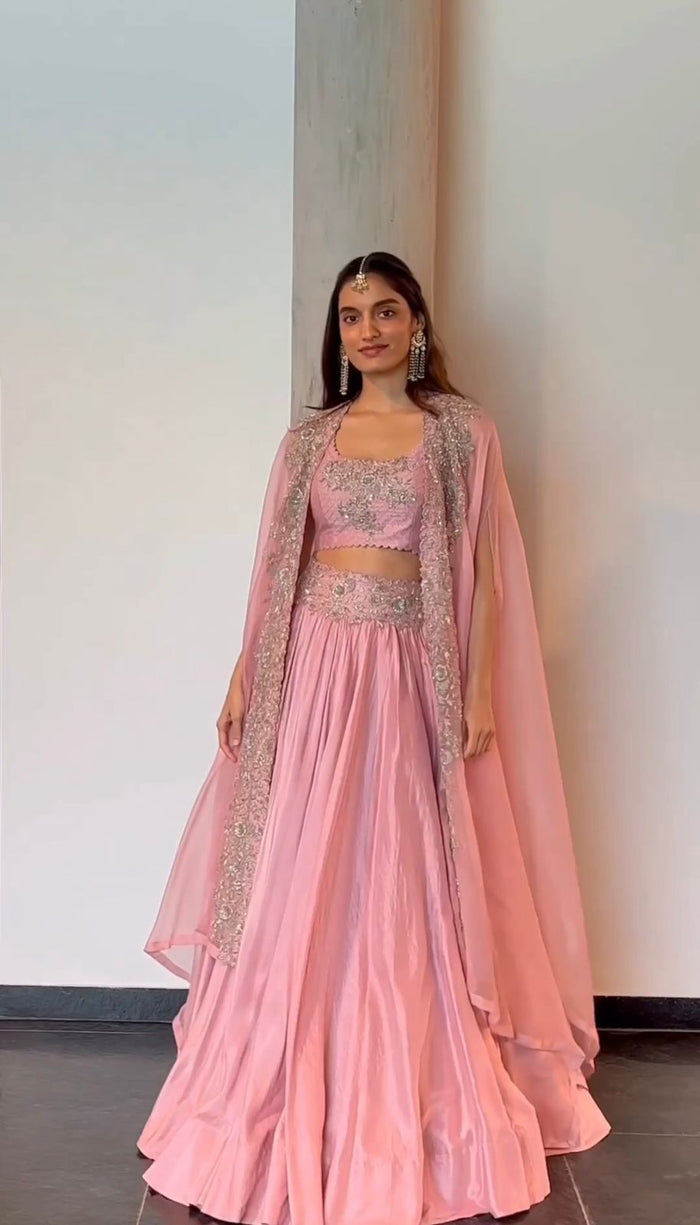 Blush Pink Chinon Lehenga Choli with Embroidered Organza Shrug