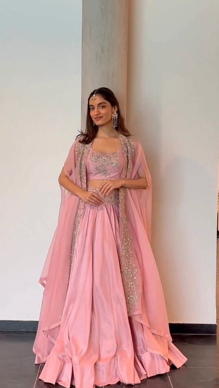 Blush Pink Chinon Lehenga Choli with Embroidered Organza Shrug