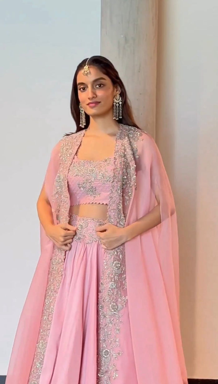 Blush Pink Chinon Lehenga Choli with Embroidered Organza Shrug