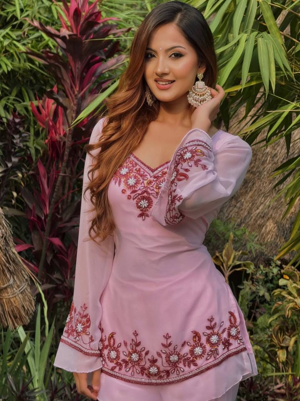 Blush Pink Embroidered Palazzo Suit Set for Women