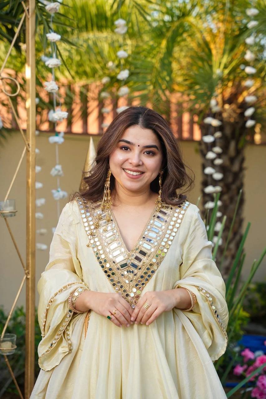 Premium Cream Cosmos Fabric Mirror Work Anarkali Palazzo Set