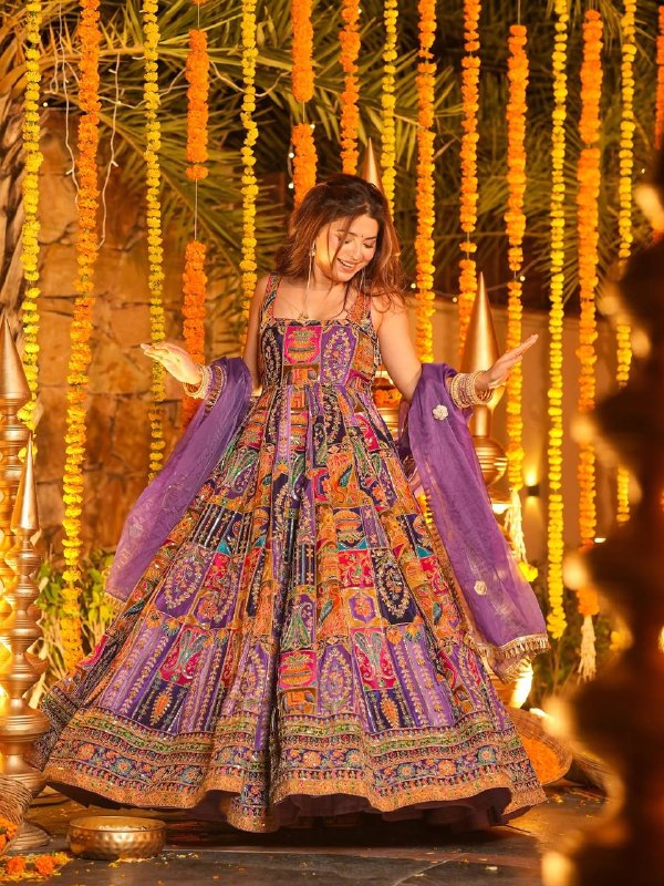 Multicolor Crepe Gown Suit Set with Organza Dupatta for Women | Designer Festive Suit Set For Women