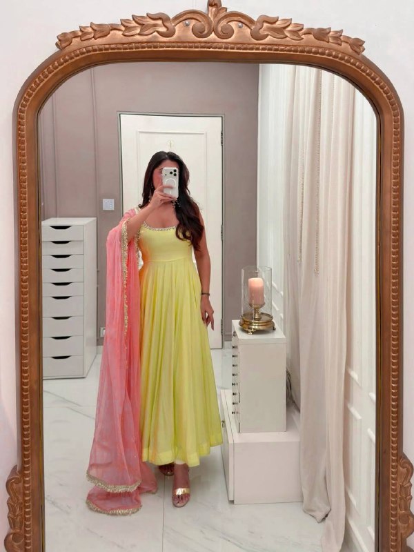 Festive Yellow Anarkali Suit With Pink Dupatta Set for Women | Stylish Wedding & Haldi Outfit for Women