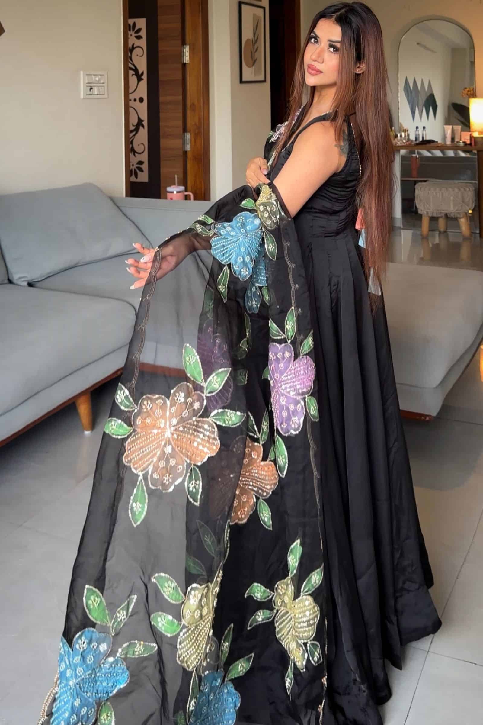Elegant Black Party Wear Anarkali Suit Set for Women with Floral Organza Dupatta