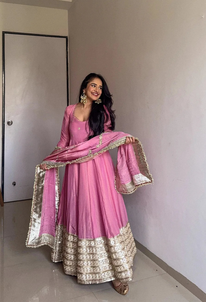 Party Wear Dusty Pink Vichitra Silk Anarkali Suit Set with Dupatta