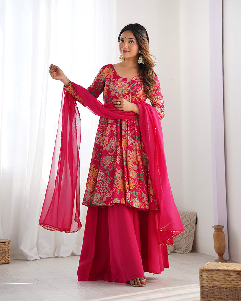 Rani Pink Color Printed Plazzo Suit