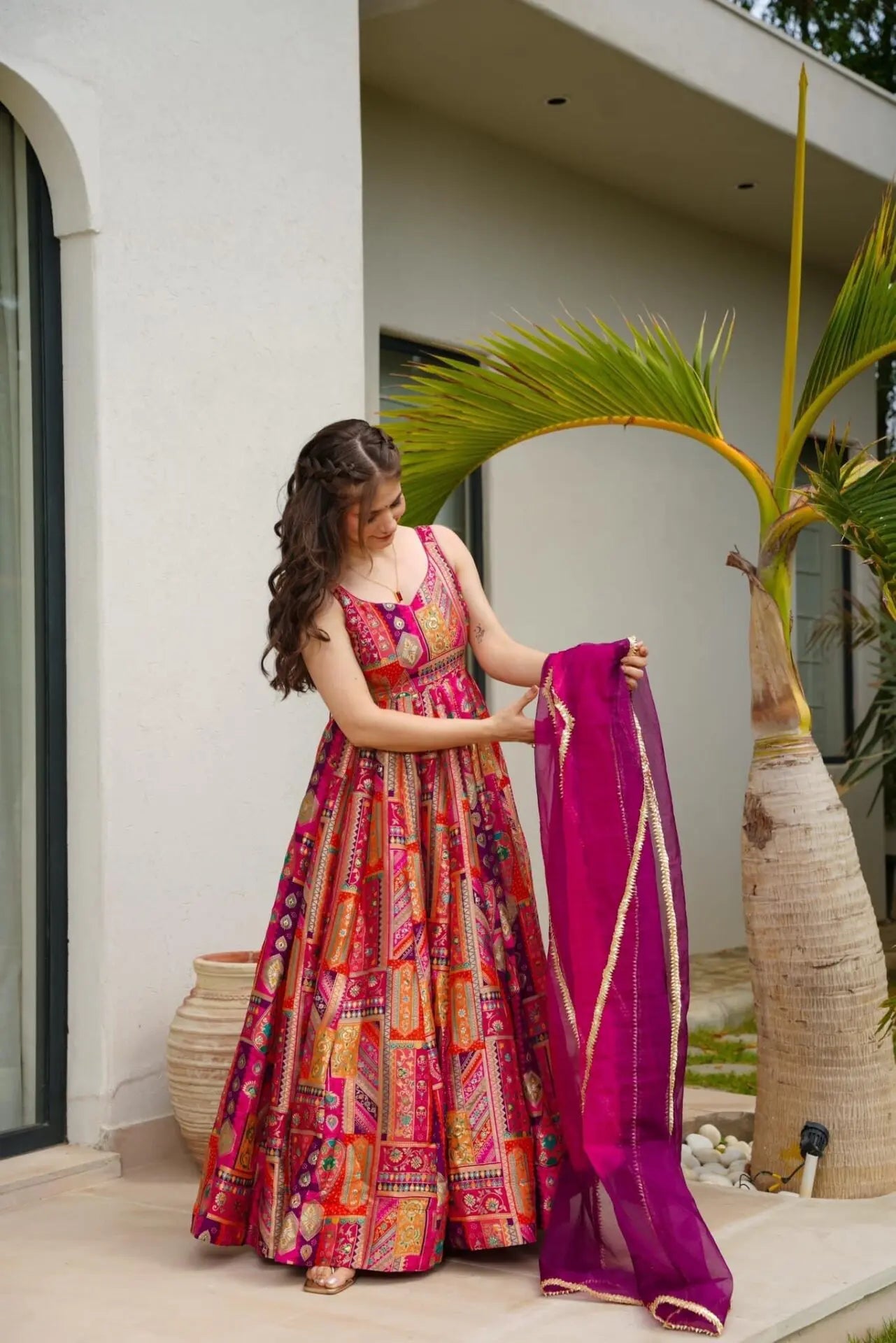 Pink Multicolor Organza Silk Anarkali Gown Set with Dupatta | Wedding Dress For Women