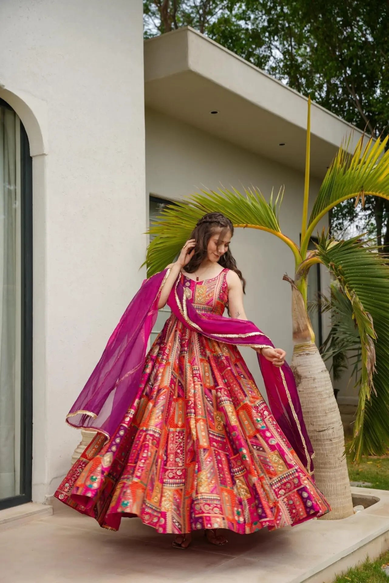 Pink Multicolor Organza Silk Anarkali Gown Set with Dupatta | Wedding Dress For Women