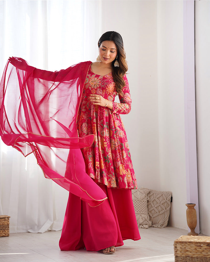 Rani Pink Color Printed Plazzo Suit