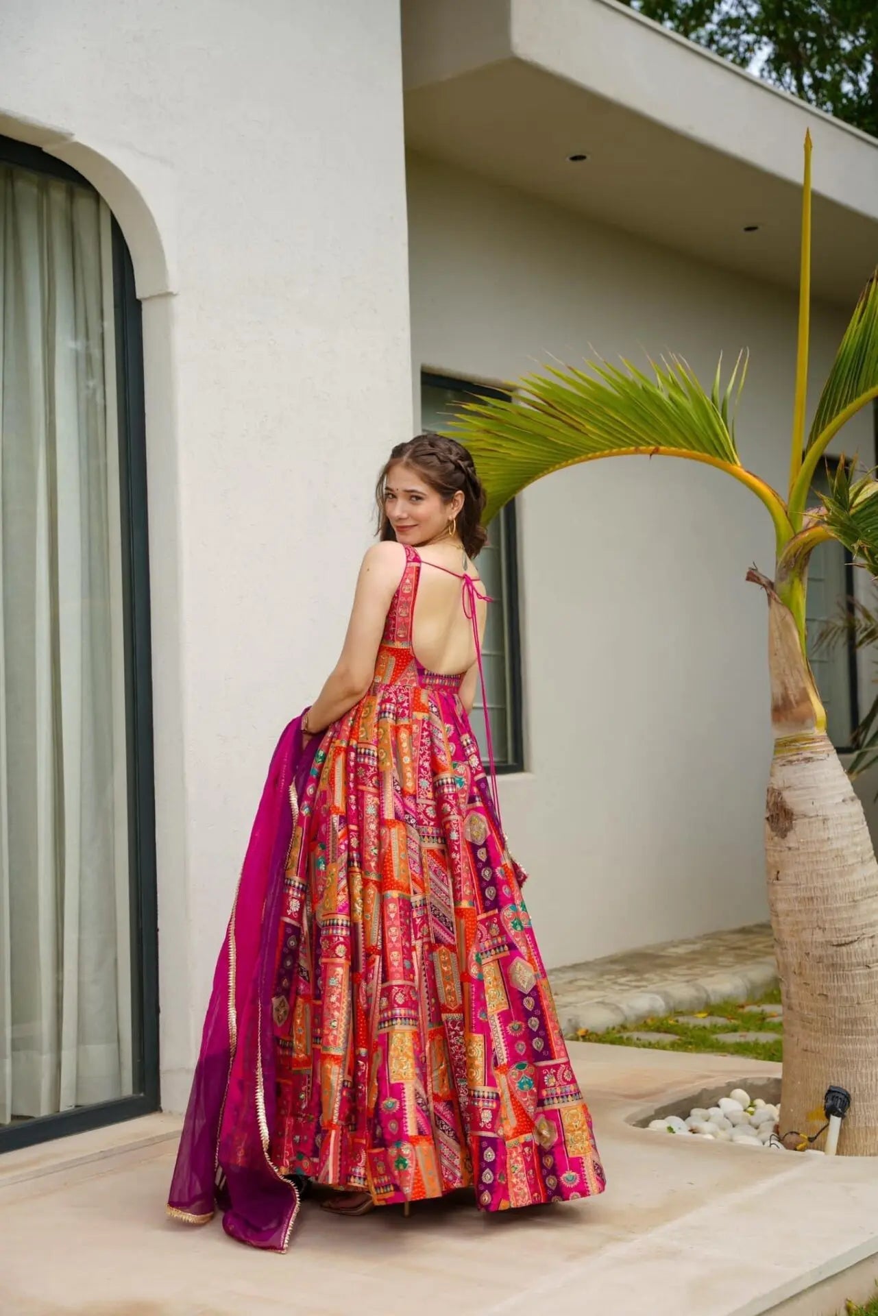 Pink Multicolor Organza Silk Anarkali Gown Set with Dupatta | Wedding Dress For Women