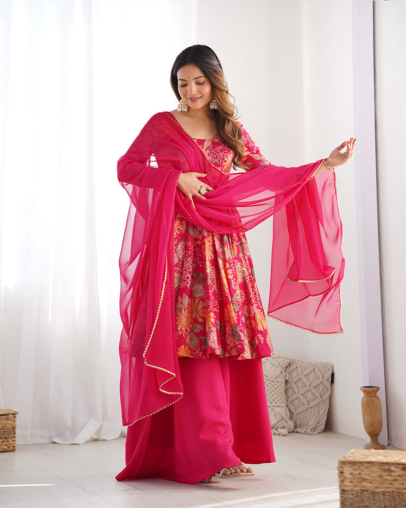 Rani Pink Color Printed Plazzo Suit