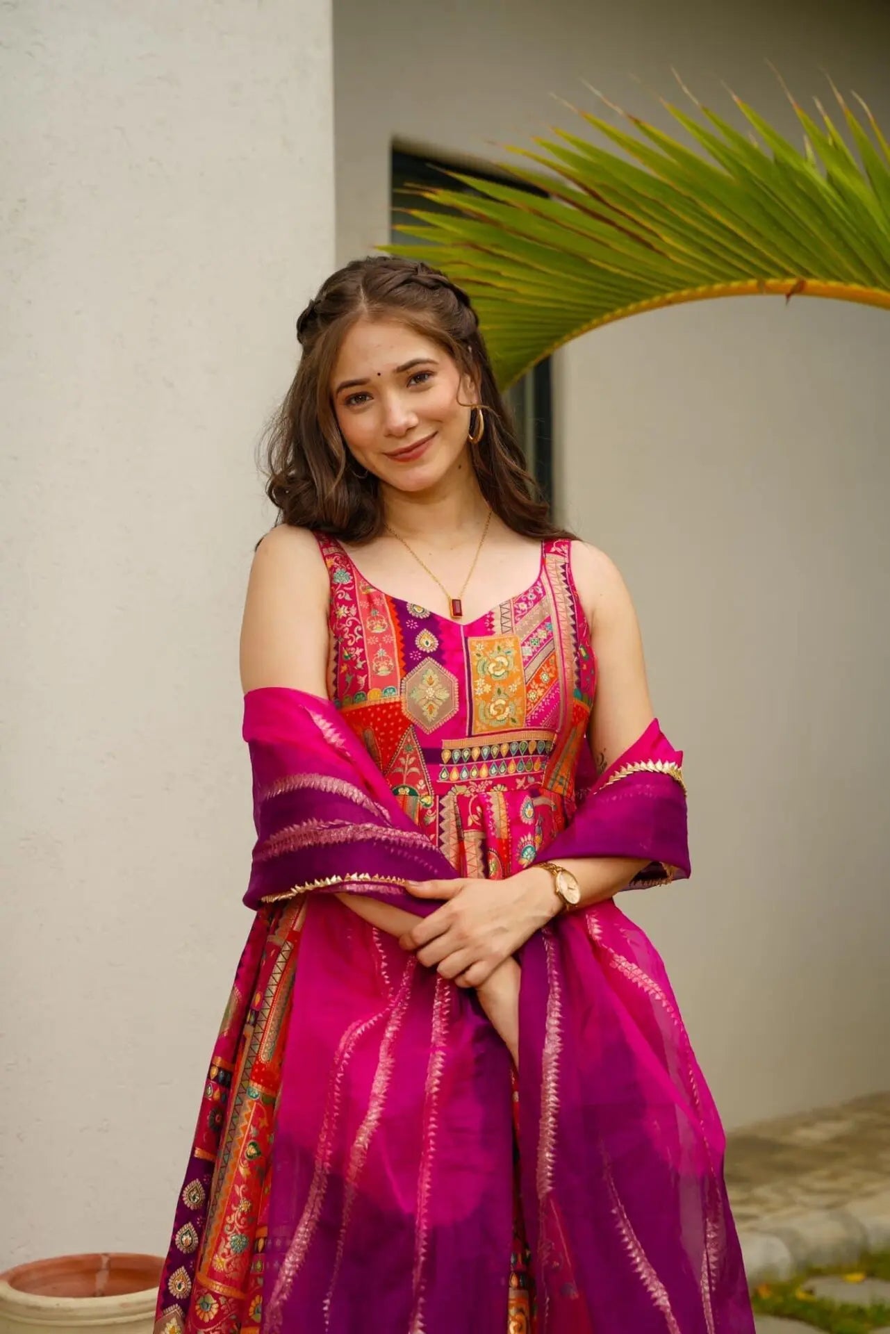 Pink Multicolor Organza Silk Anarkali Gown Set with Dupatta | Wedding Dress For Women