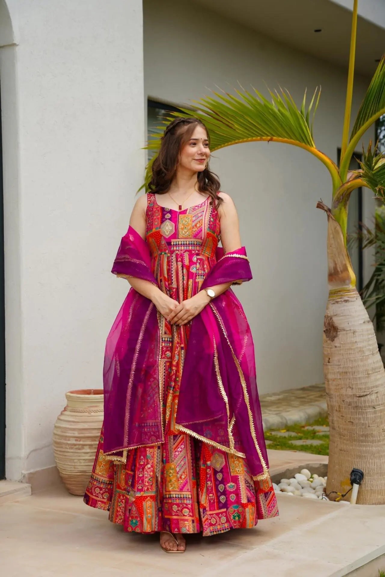 Pink Multicolor Organza Silk Anarkali Gown Set with Dupatta | Wedding Dress For Women