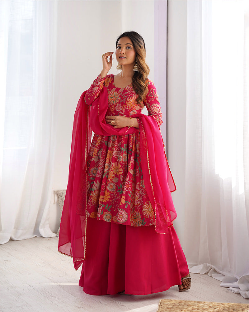 Rani Pink Color Printed Plazzo Suit