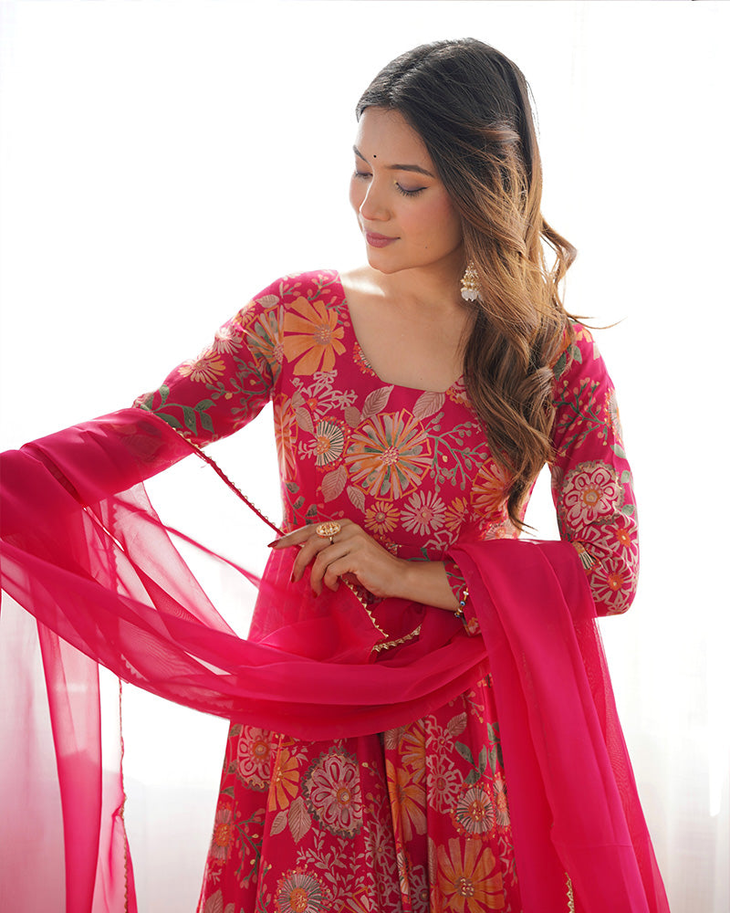 Rani Pink Color Printed Plazzo Suit