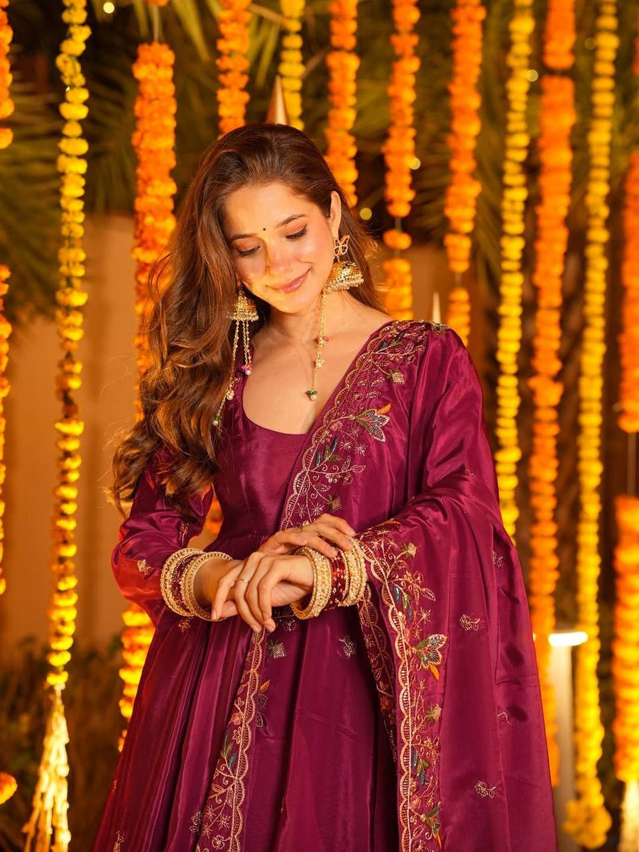 Wedding Wear Wine Anarkali Set