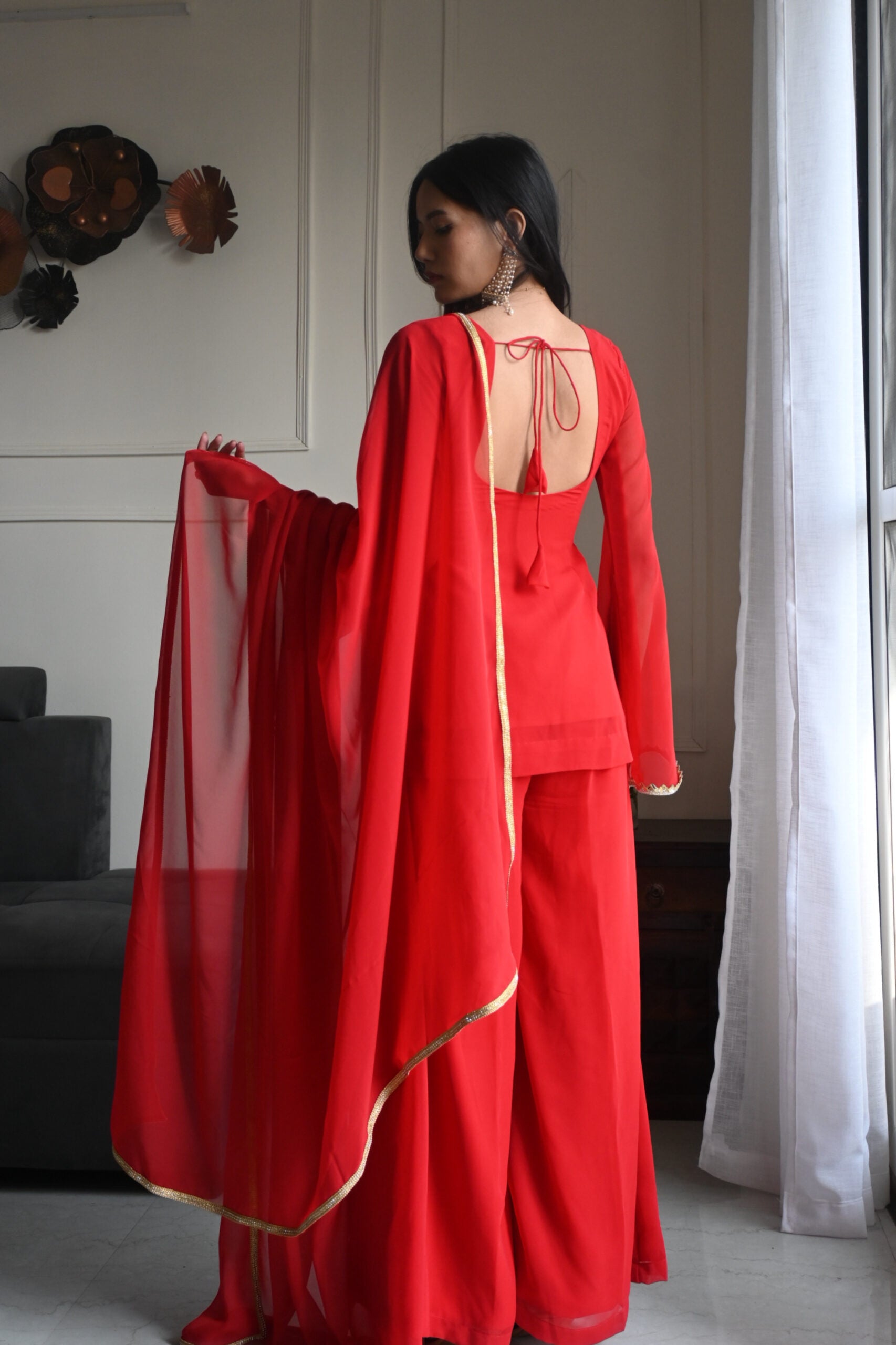 90's Style Red Handcrafted Georgette Palazzo Kurti Set | 90s Dress For Women | 90s Outfits Women