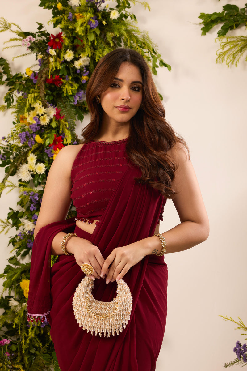 Wine Red Ready To Wear Saree With Sequins Blouse | Pre Draped Ready To Wear Saree For Wedding