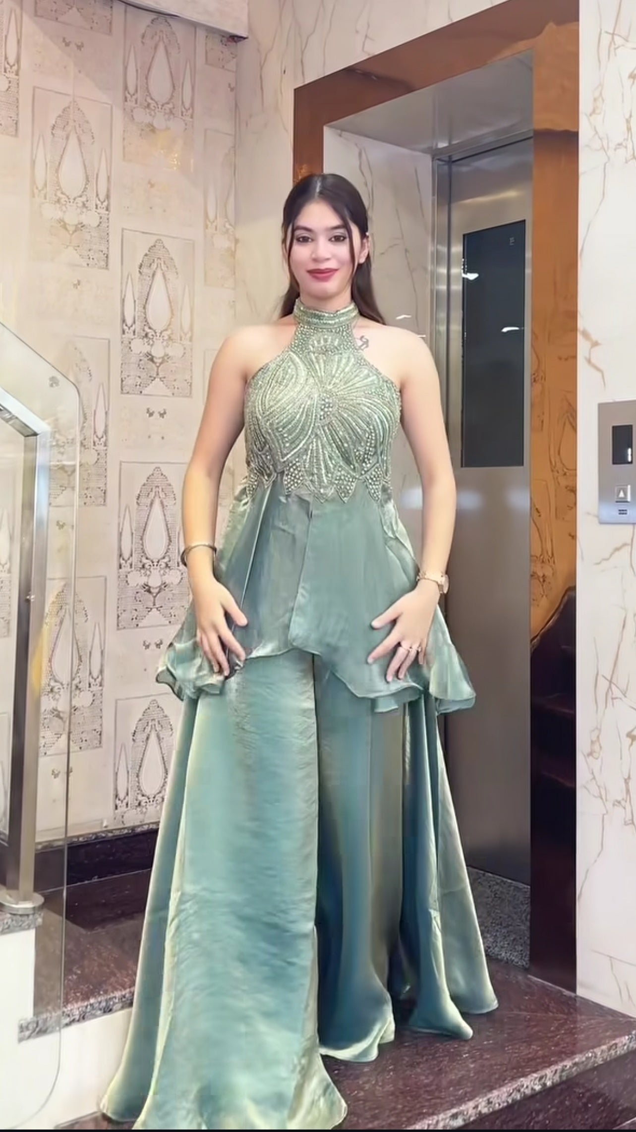 Modern Indo Western Halter Neck Sharara Palazzo Suit Set for Women