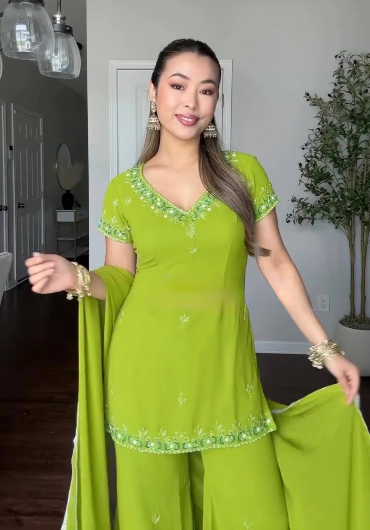 Lime Green Designer Sharara Palazzo Suit Set for Women