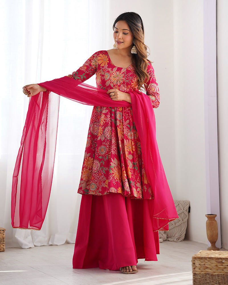 Rani Pink Color Printed Plazzo Suit