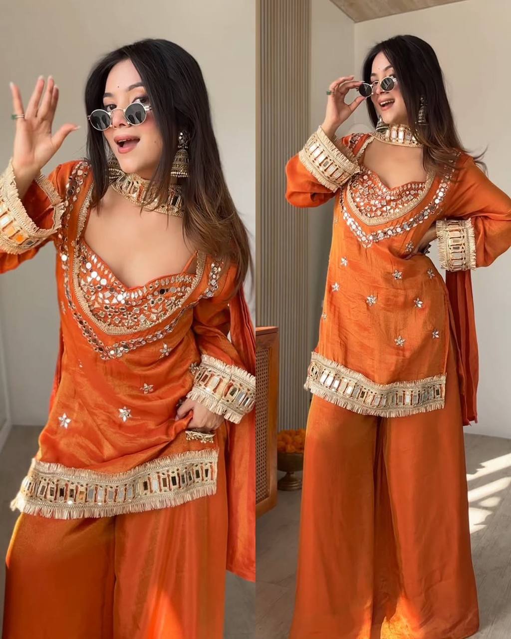 Rust Orange Mirror Work Party Wear Sharara Set For Women | Wedding Dress For Women