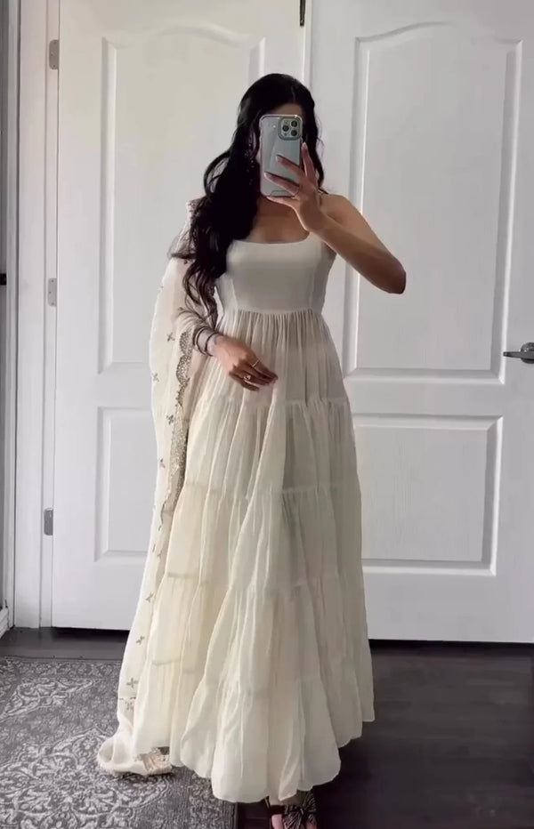 Party Wear Ivory Faux Georgette Ruffle Style Anarkali with Embroidered Dupatta