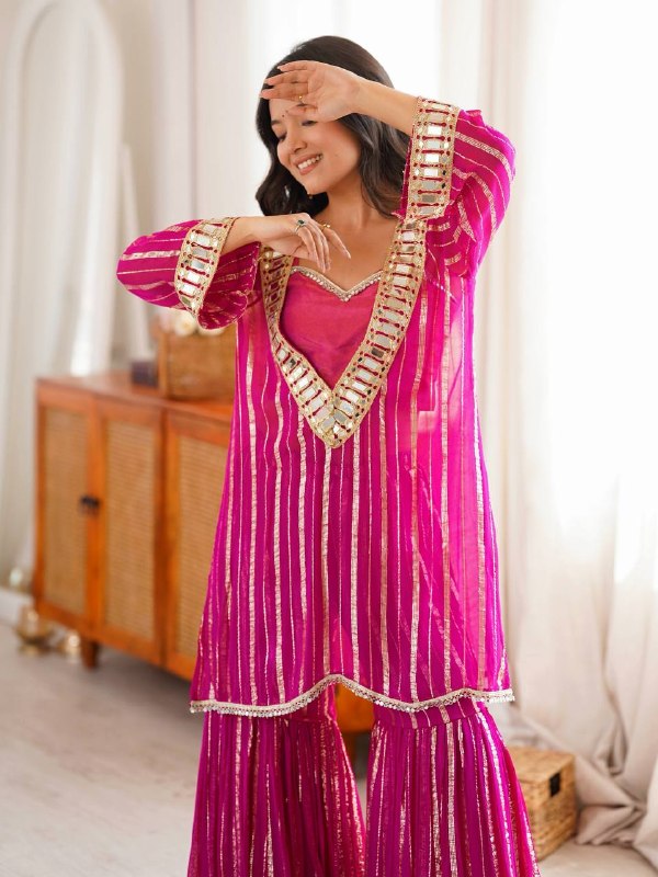 Rani Pink Mirror Work Sharara Suit Set for Women | Stylish Indo-Western Mehendi, Haldi & Festive Outfit