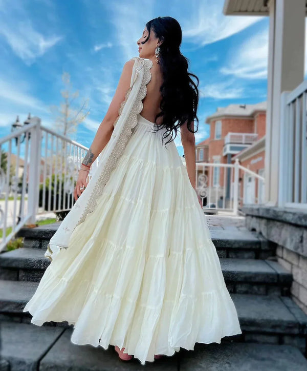 Party Wear Ivory Faux Georgette Ruffle Style Anarkali with Embroidered Dupatta