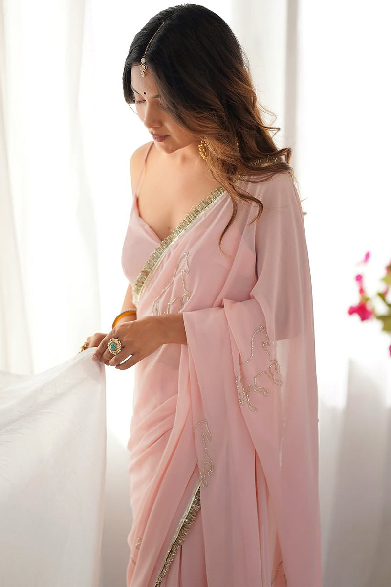 Ready To Wear Baby Pink Pre Draped Georgette Saree For Women | Ready To Wear Saree For Women