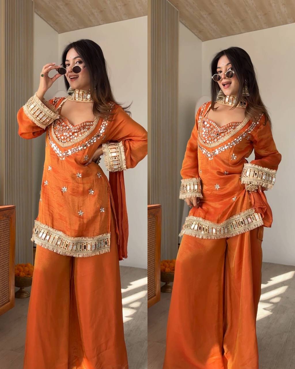Rust Orange Mirror Work Party Wear Sharara Set For Women | Wedding Dress For Women