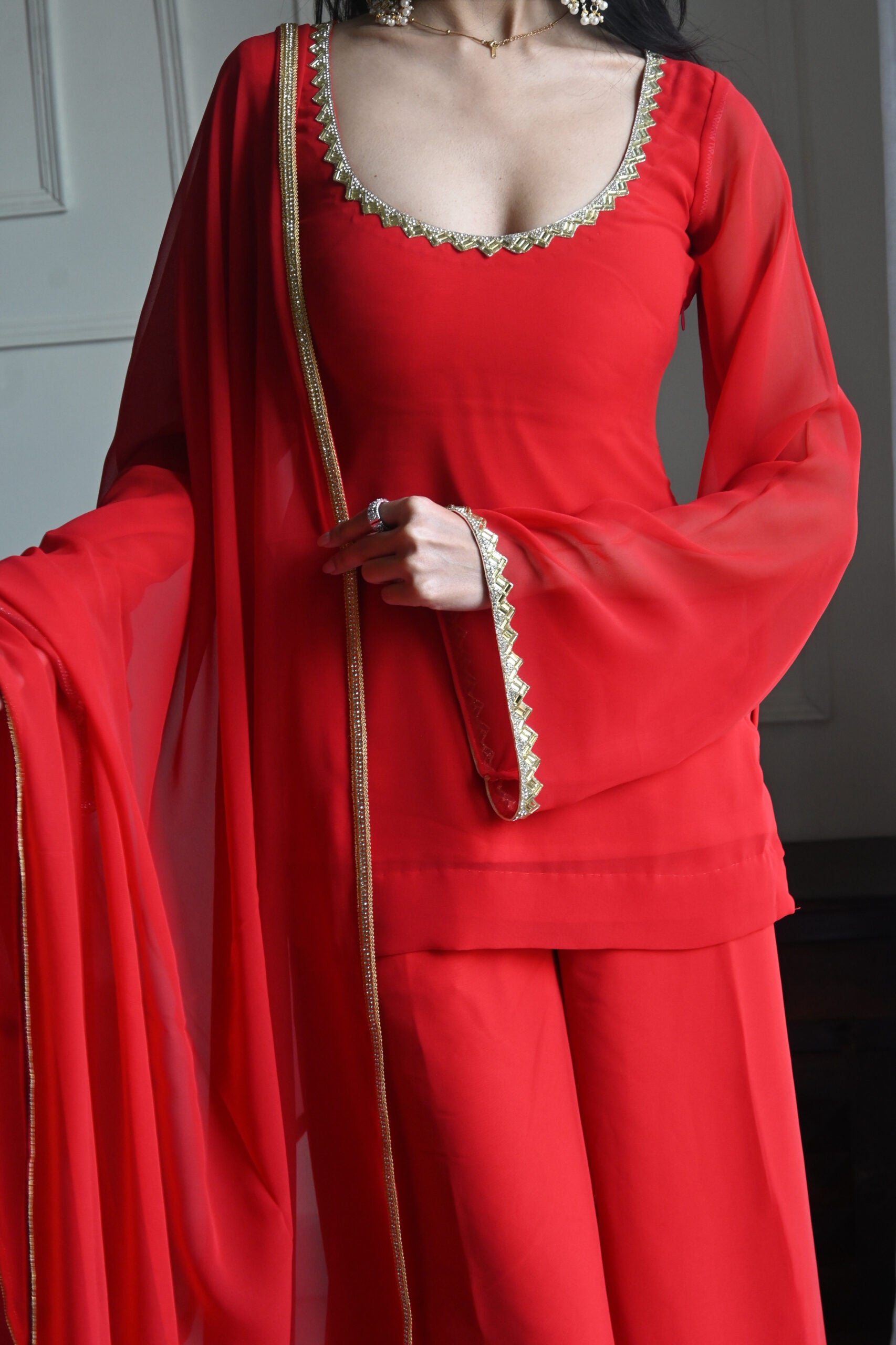 90's Style Red Handcrafted Georgette Palazzo Kurti Set | 90s Dress For Women | 90s Outfits Women
