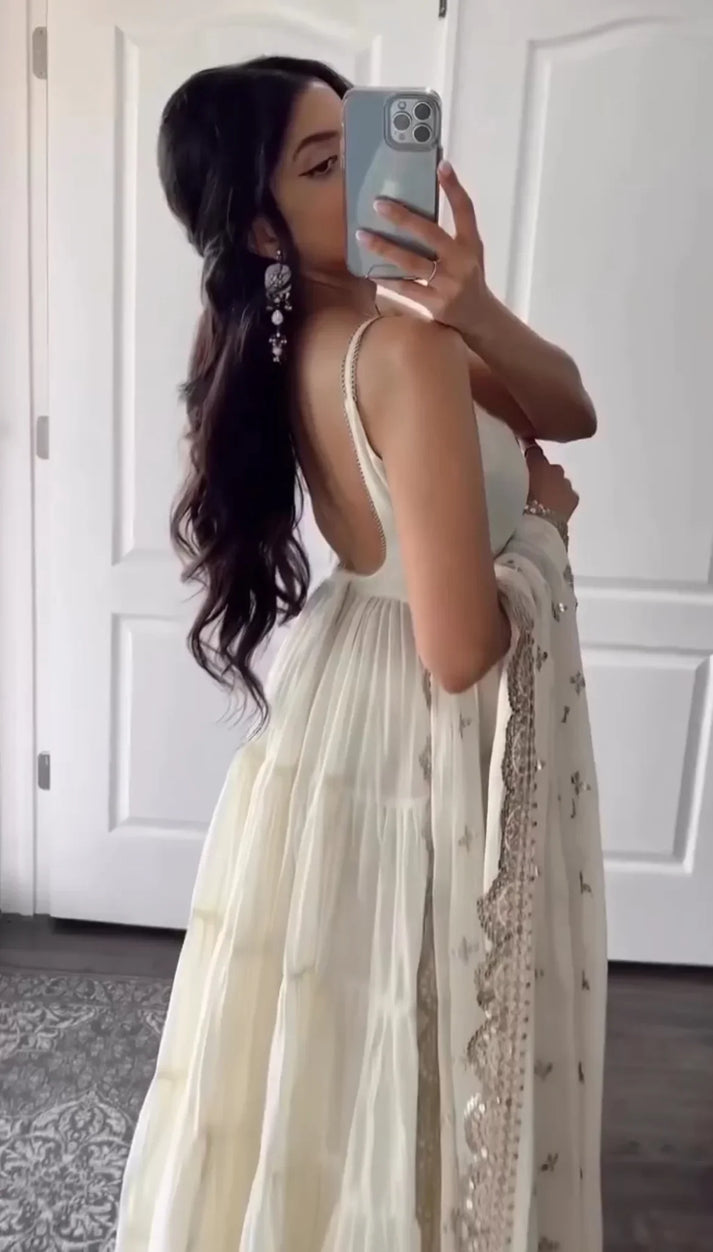 Party Wear Ivory Faux Georgette Ruffle Style Anarkali with Embroidered Dupatta