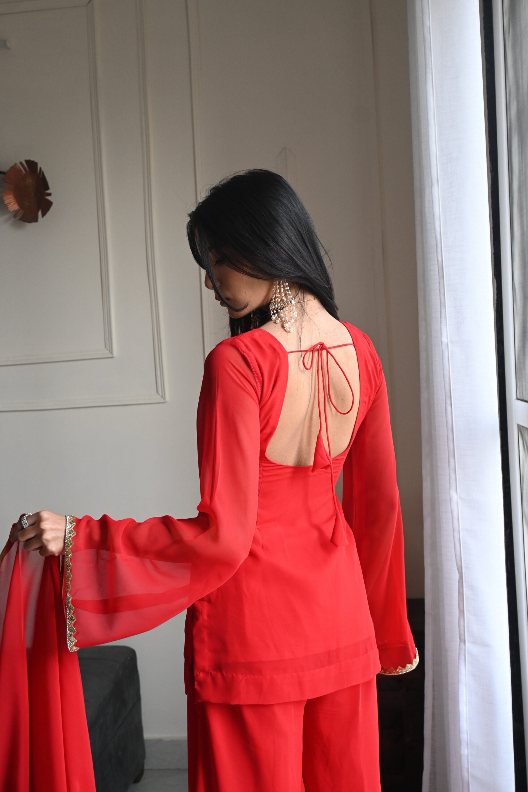 90's Style Red Handcrafted Georgette Palazzo Kurti Set