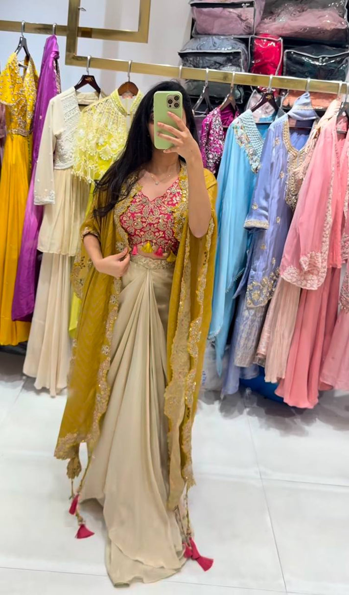Indo Western Dress For Women | Cream Cowl Skirt & Rama Embroidery Blouse Set with Shrug
