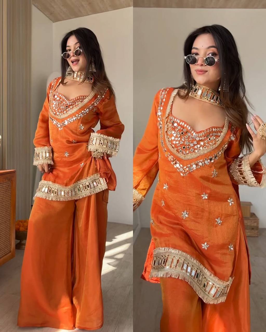 Rust Orange Mirror Work Party Wear Sharara Set For Women | Wedding Dress For Women