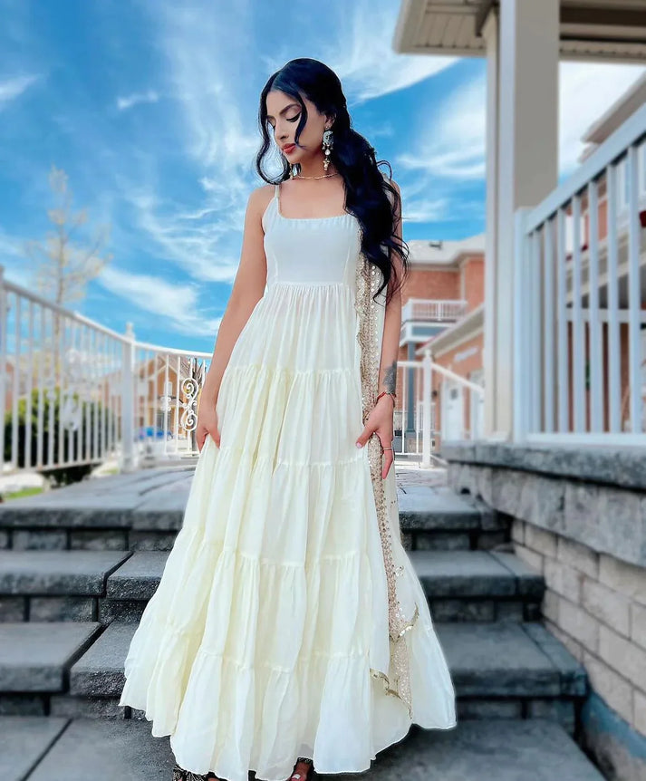Party Wear Ivory Faux Georgette Ruffle Style Anarkali with Embroidered Dupatta