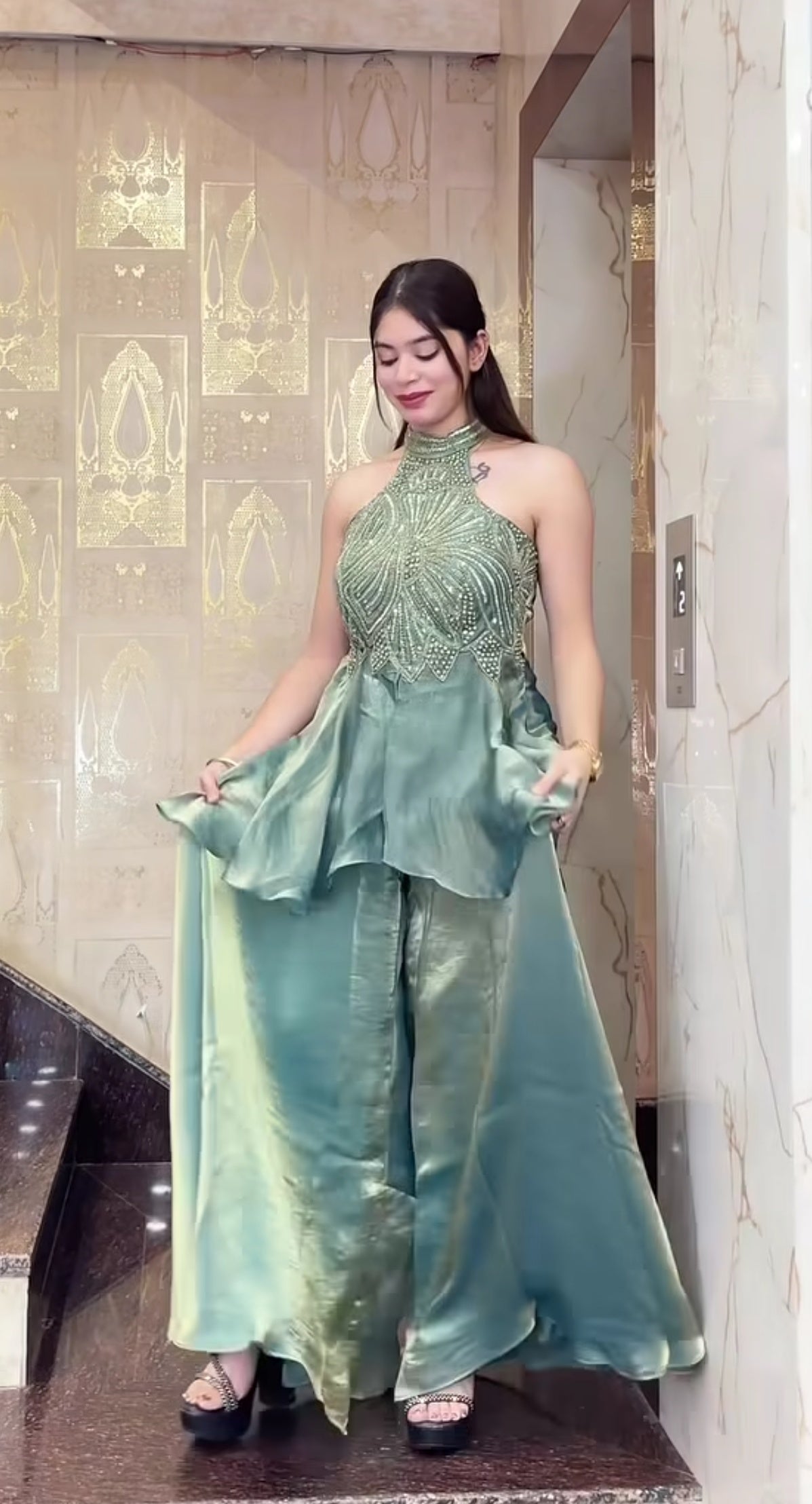 Modern Indo Western Halter Neck Sharara Palazzo Suit Set for Women