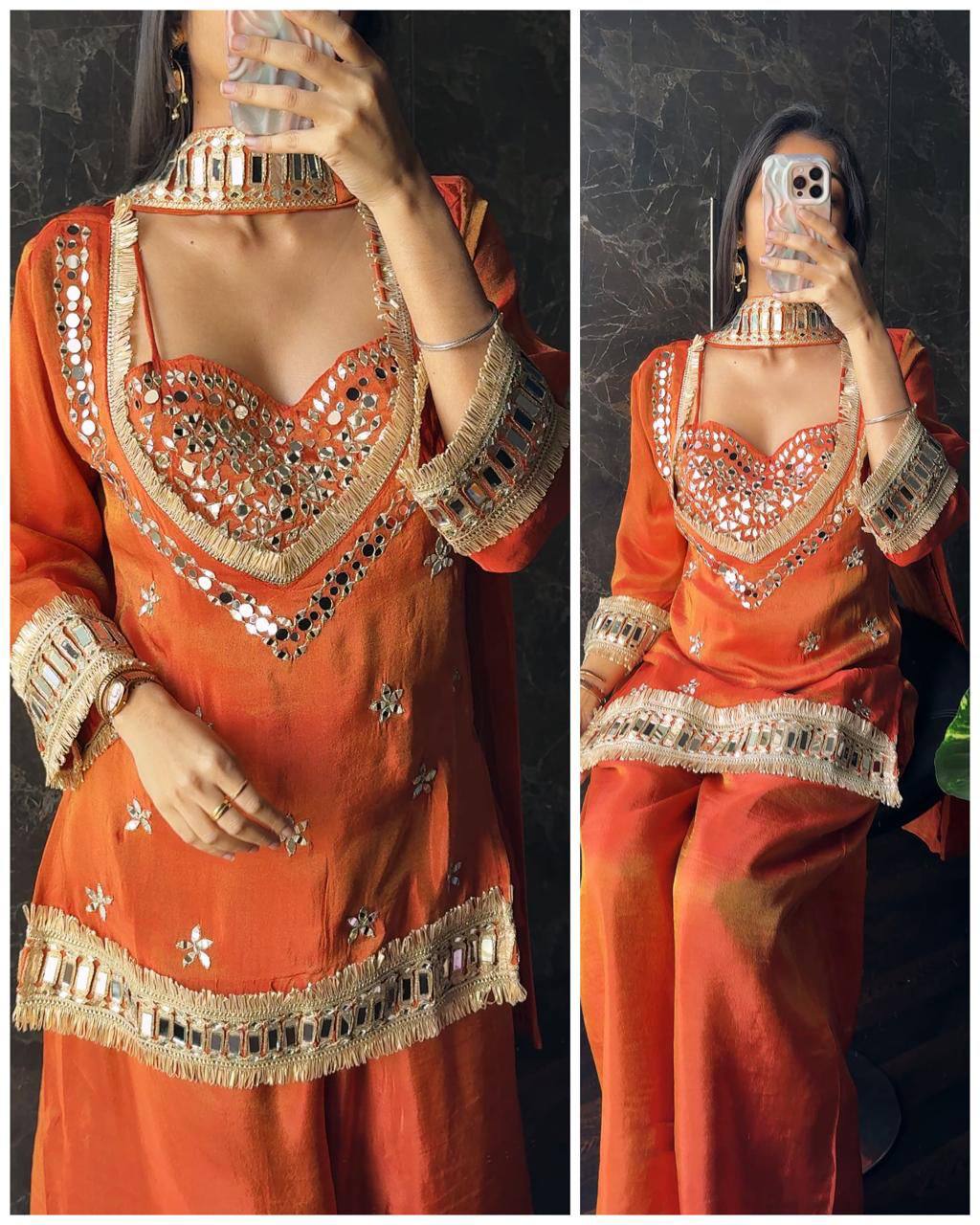 Rust Orange Mirror Work Party Wear Sharara Set For Women | Wedding Dress For Women