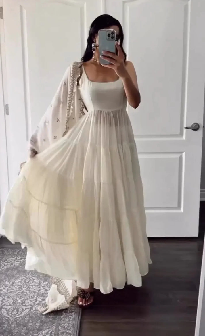 Party Wear Ivory Faux Georgette Ruffle Style Anarkali with Embroidered Dupatta