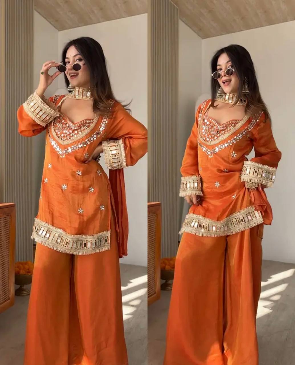 Festive Wear Royal Mirror Work Sharara Set For Women