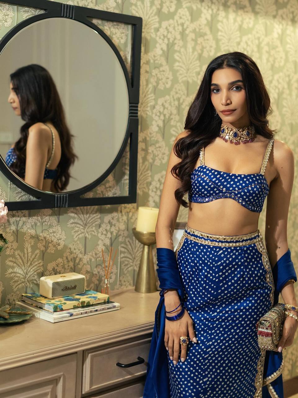 Royal Blue Bandhani Mirror Work Crop Top & Skirt Set with Dupatta for Women | Indo-Western Wedding & Sangeet Outfit
