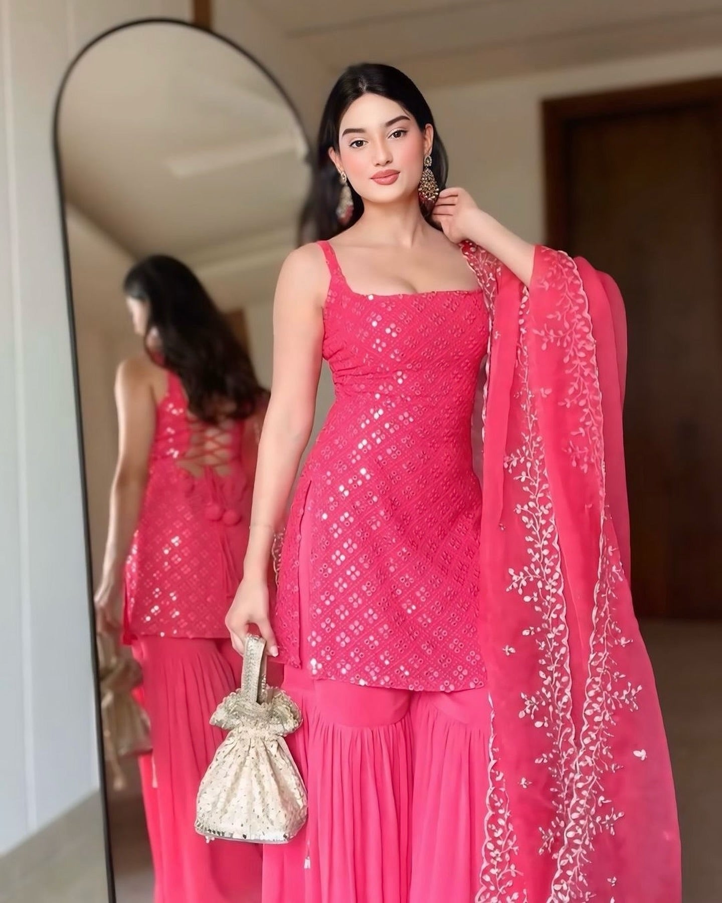 Party Wear Rose Pink Embroidered Georgette Kurti Sharara Set with Dupatta