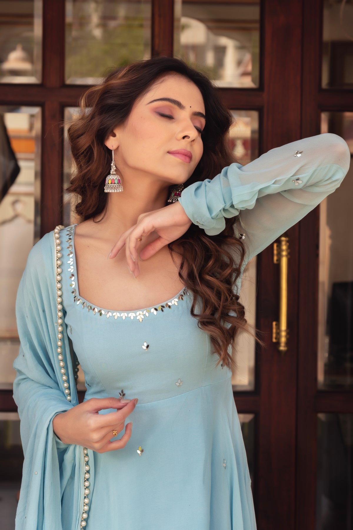 Sky Blue Faux Georgette Anarkali Suit with Silver Leaf Handwork & Dupatta