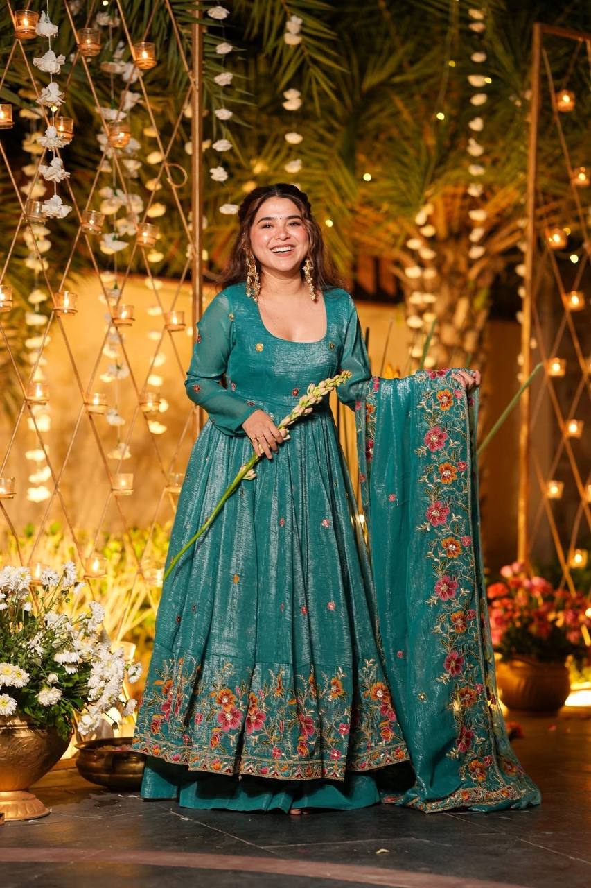 Festive Designer Wear Teal Green Anarkali Sharara Set