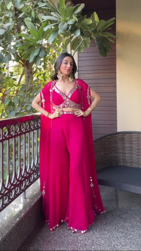 Hot Pink Mirror Work Jacket Style Indo Western Dress For Women | Indo Western Dress For Women