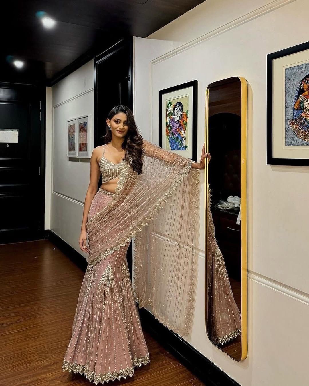 Party Wear Ready To Wear Soft Pink & Silver Fish Cut Lehenga Saree