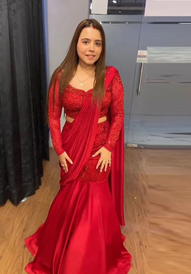 Red Satin Silk Fish Cut Ready To Wear Lehenga Saree For Women | Fish Cut Lehenga For Women